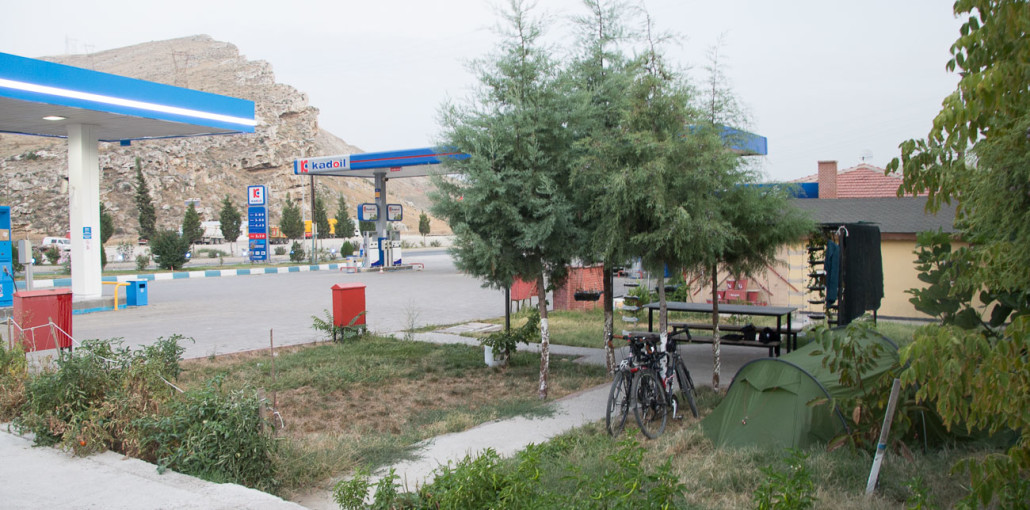 After a long day in the saddle, we pitched up at this fuel station in Davutoğlan, Turkey. The extremely friendly staff offered us watermelon, showers and for us to pitch our tent on a small patch of grass adjacent to the petrol station.