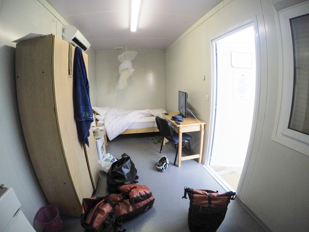 The interior of a bedroom at the Tullow Oil base. Air conditioning, Satellite TV and a comfy duvet. We imagined this might be what it would be like sleeping on a North Sea oil rig.