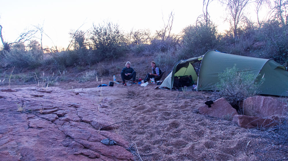 Camping in a dried-up riverbed at Okazizi